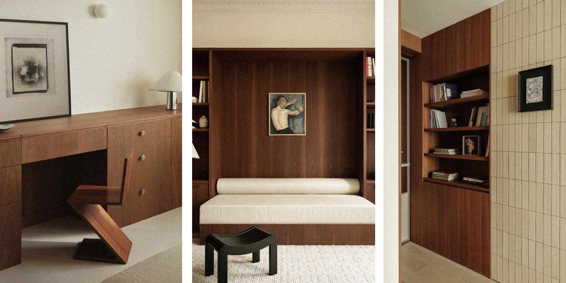 Photographies illustrant l'ajout de bois foncé dans un espace de vie