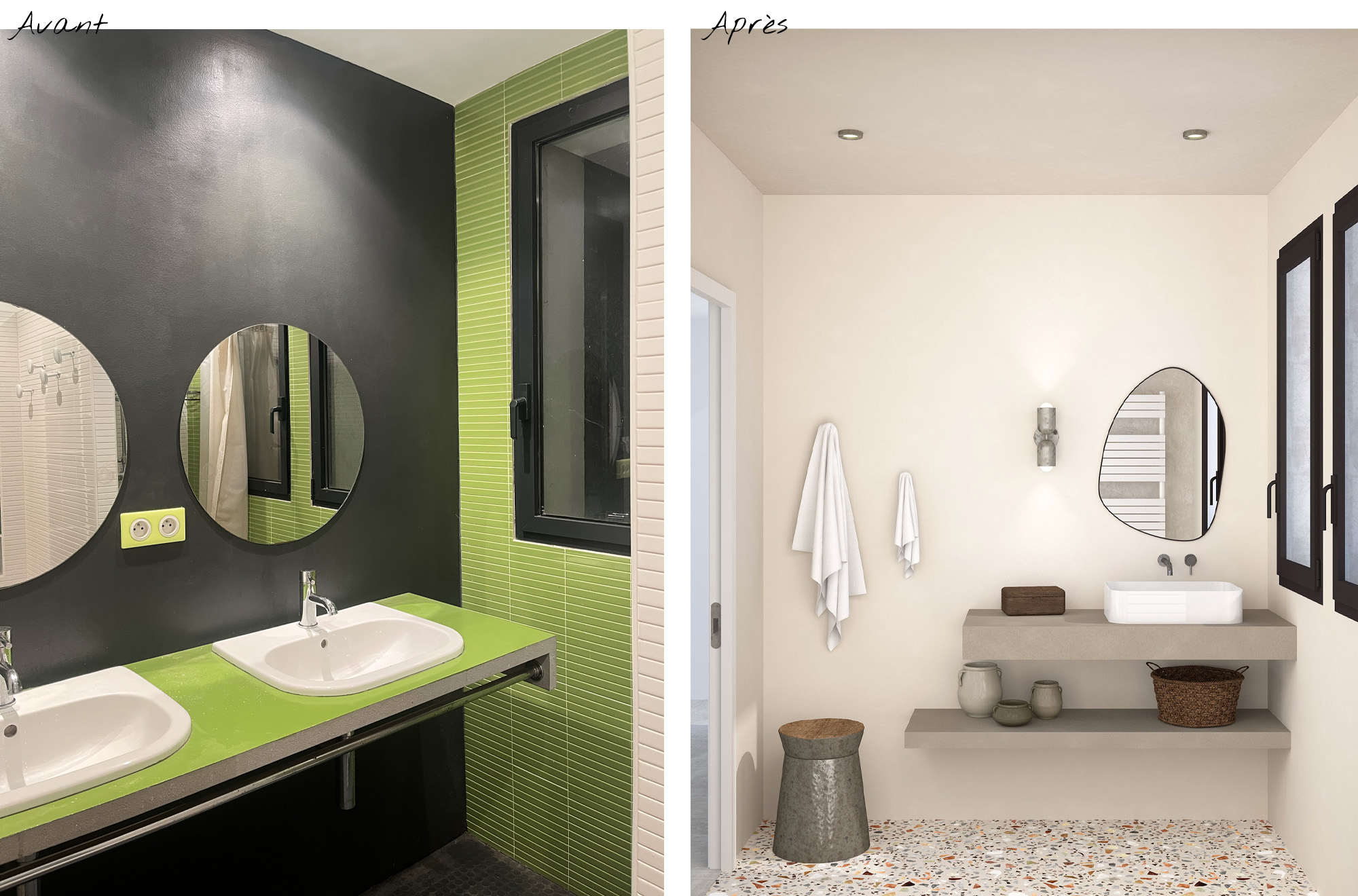 Avant et après rénovation d'une salle de douche