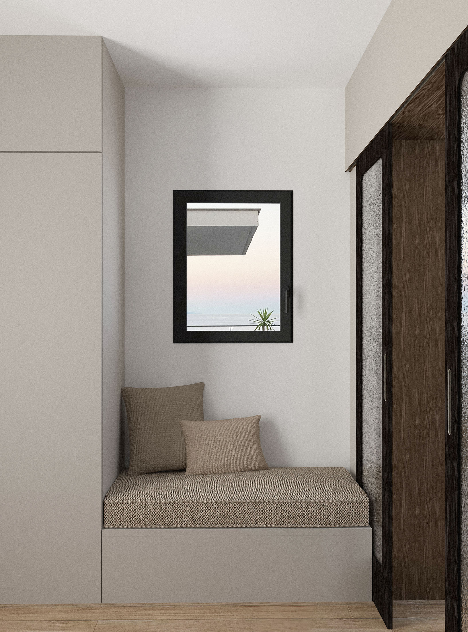 Vue mer depuis l’entrée, intérieur rénové avec rangements optimisés