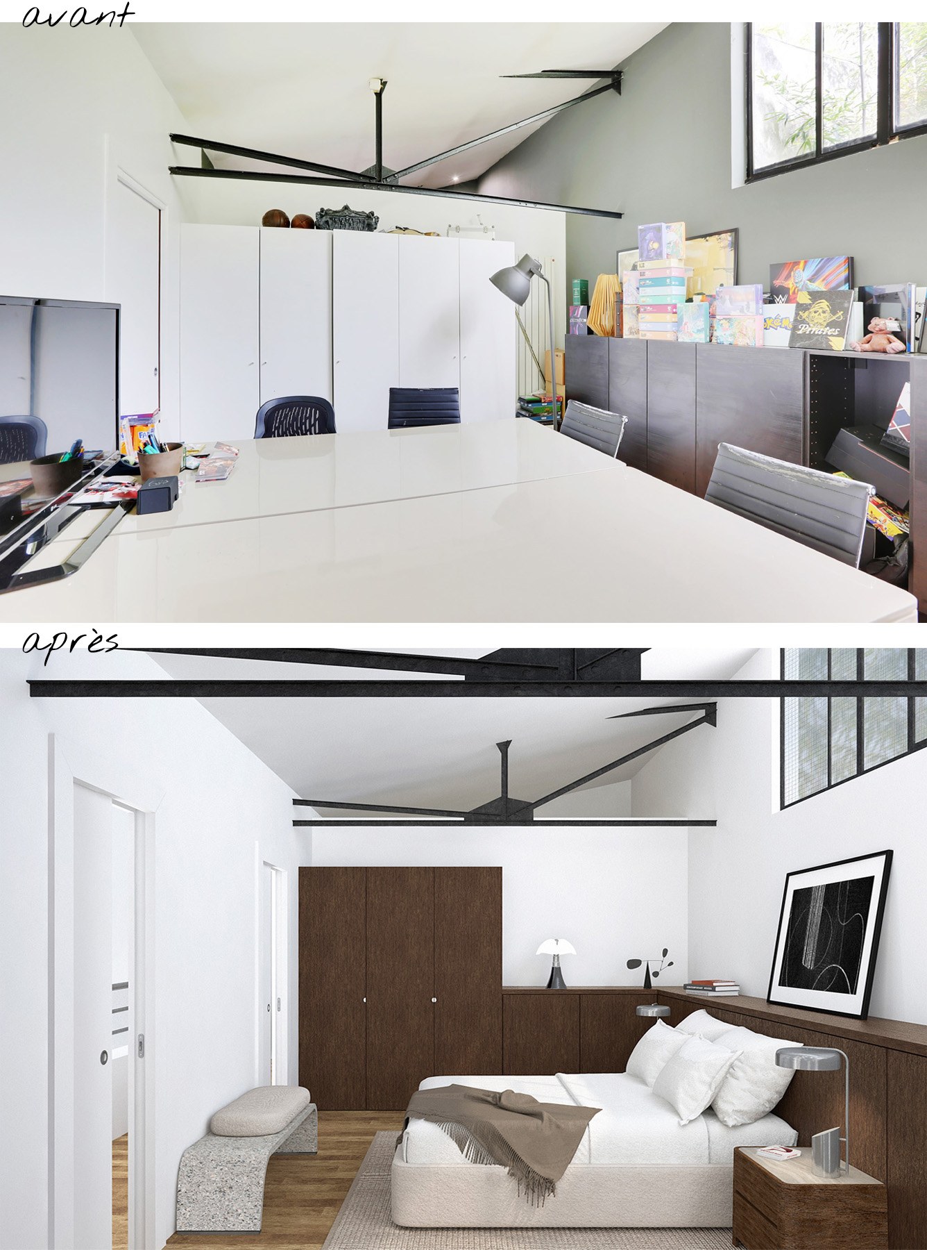 Loft Parisien - Le avant / après de l'espace nuit du loft