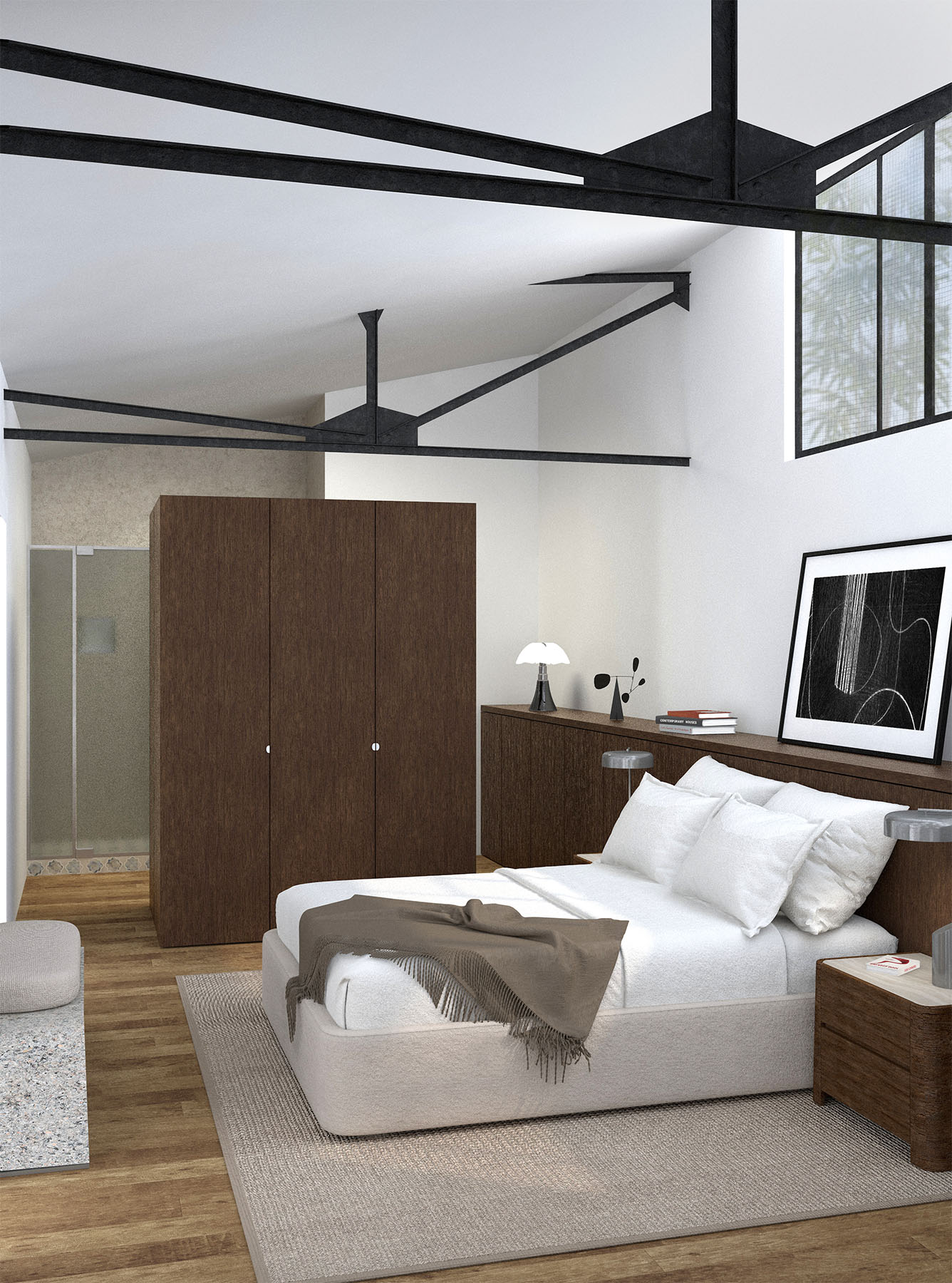 Loft Parisien - La suite parentale au bois foncé et placard sur mesure
