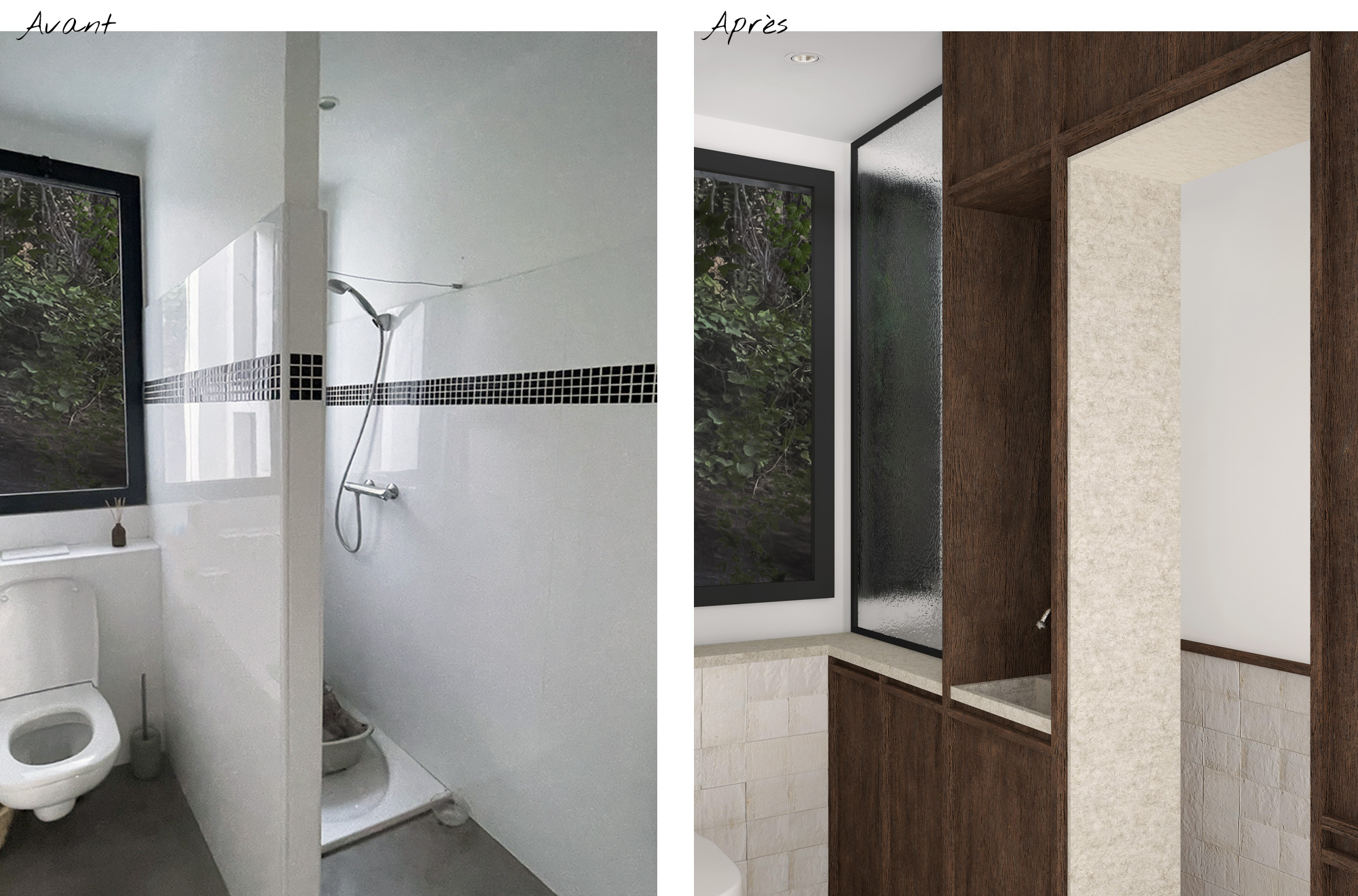 Avant et après de la rénovation d'une salle de douche en buanderie