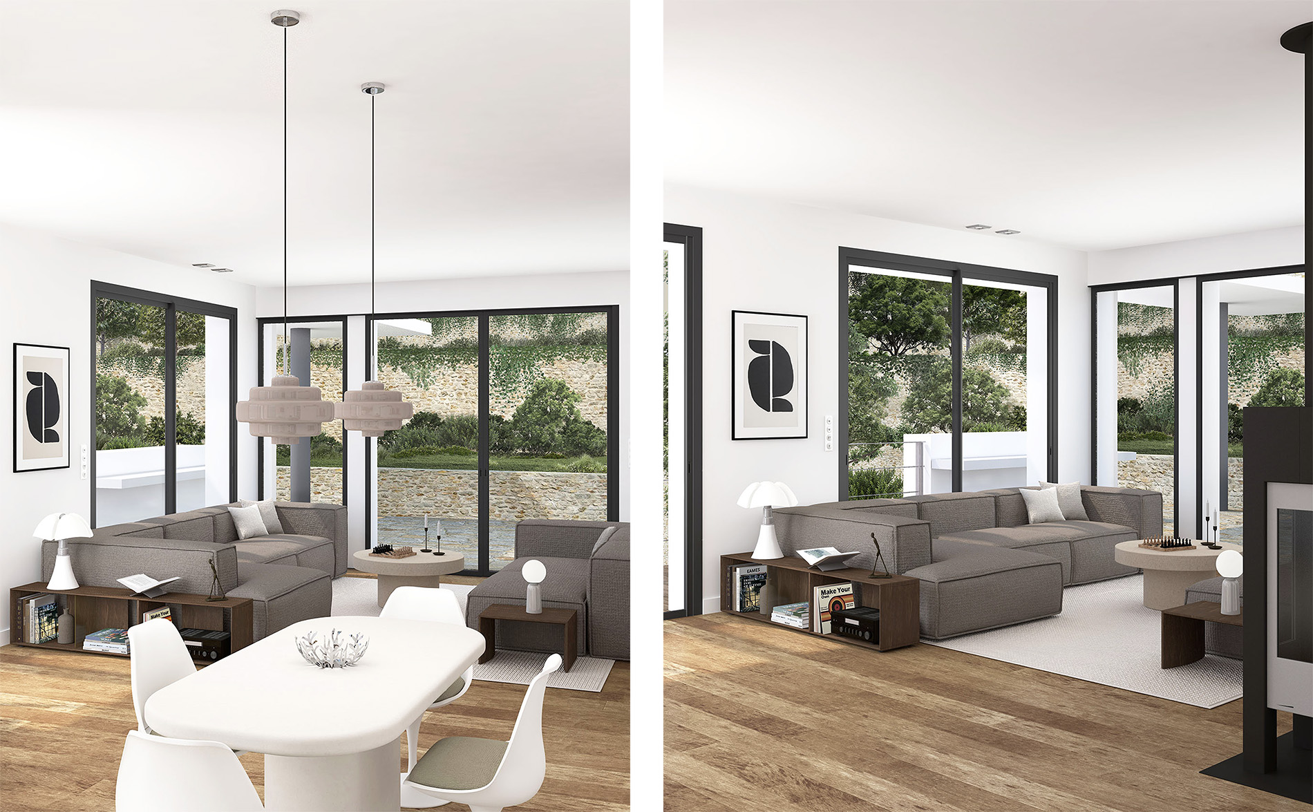 Vue intérieure de la Villa Les Tropiques, combinant modernité et chaleur des matériaux naturels.